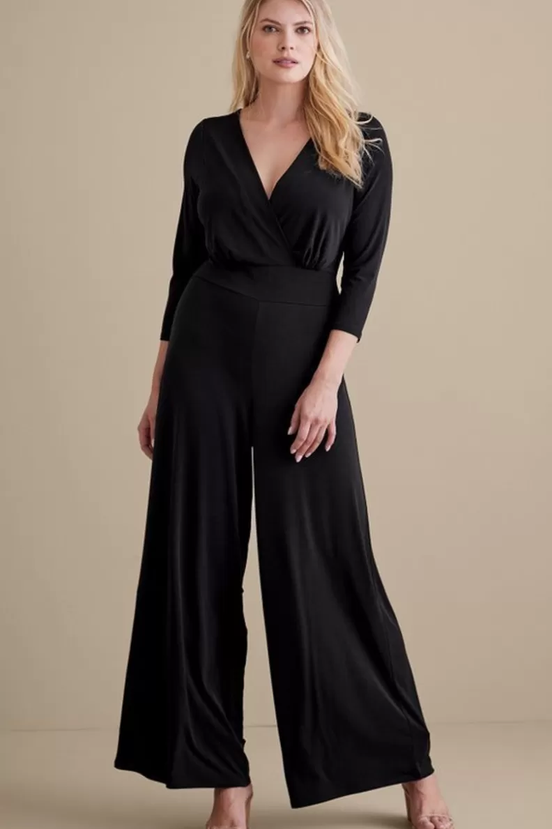 Soft Surroundings 3/4 Sleeve Penelope Jumpsuit Black New