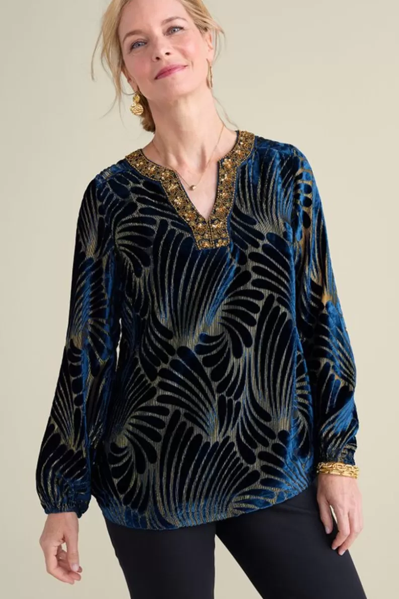 Soft Surroundings Adrienne Embroidered Velvet Tunic BlueSwirlVelvetBurnout Cheap