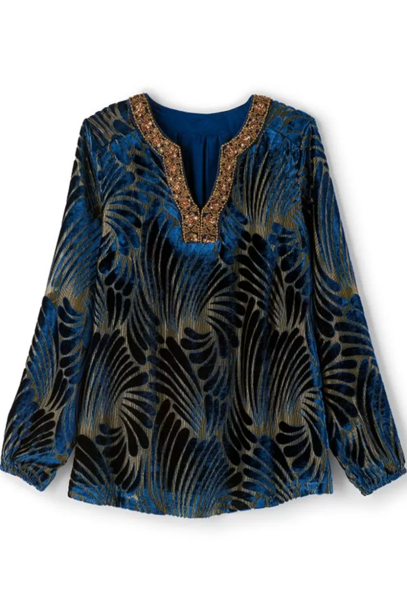 Soft Surroundings Adrienne Embroidered Velvet Tunic BlueSwirlVelvetBurnout Cheap